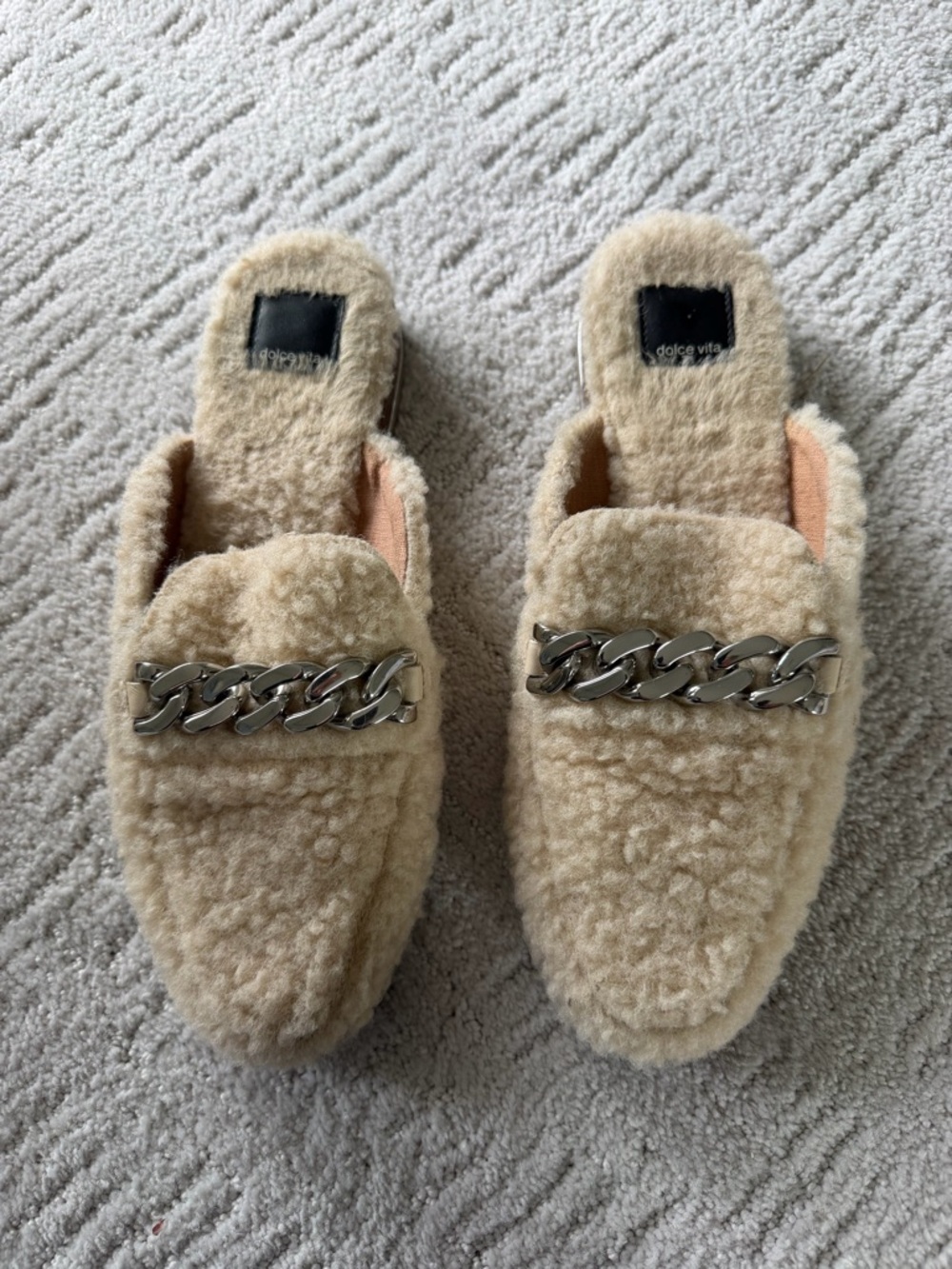 Dolce Vita Cream Faux-Shearling Chain Mules